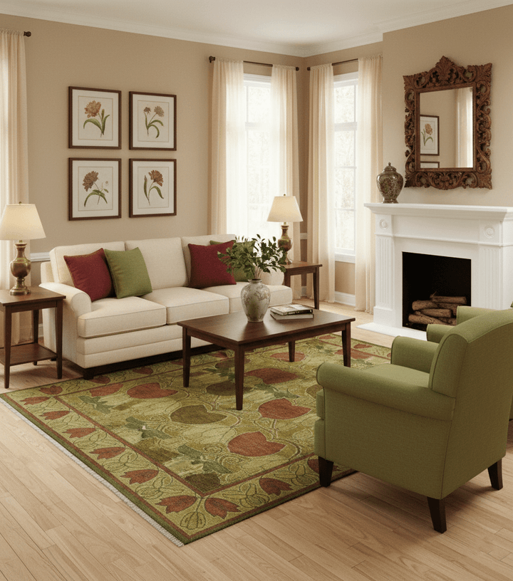 Art and Craft Design Olive Green And Brown Hand Knotted 8x10 Wool Area Rug - The Rug Decor