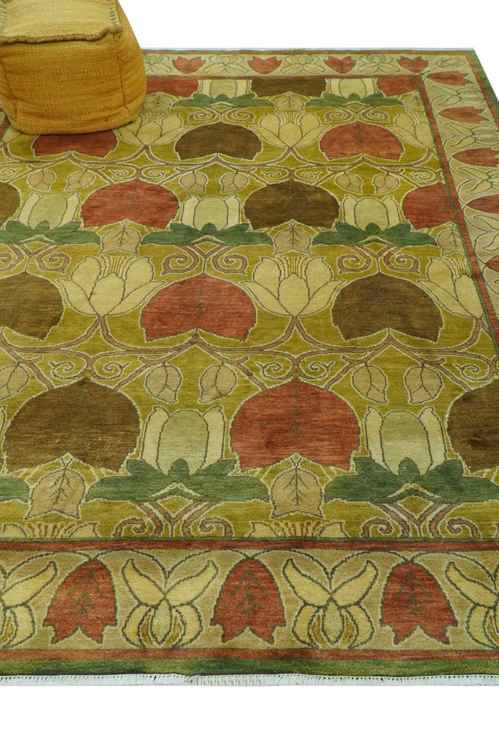 Art and Craft Design Olive Green And Brown Hand Knotted 8x10 Wool Area Rug - The Rug Decor