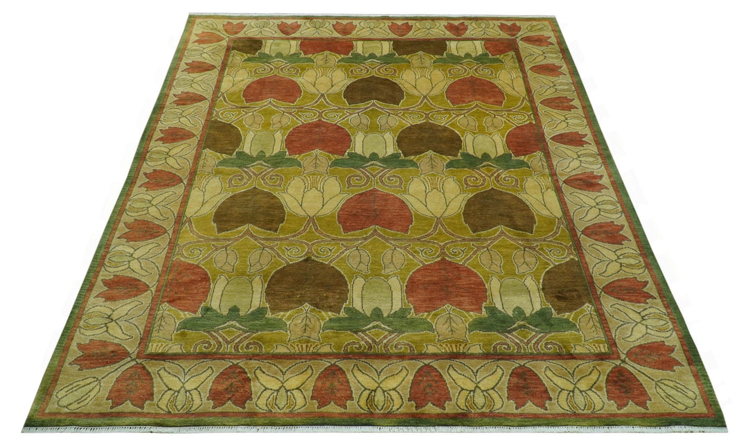 Art and Craft Design Olive Green And Brown Hand Knotted 8x10 Wool Area Rug - The Rug Decor