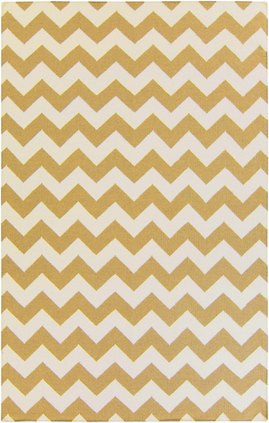 Mustard and cream chevron hand-woven wool area rug with rectangular pattern