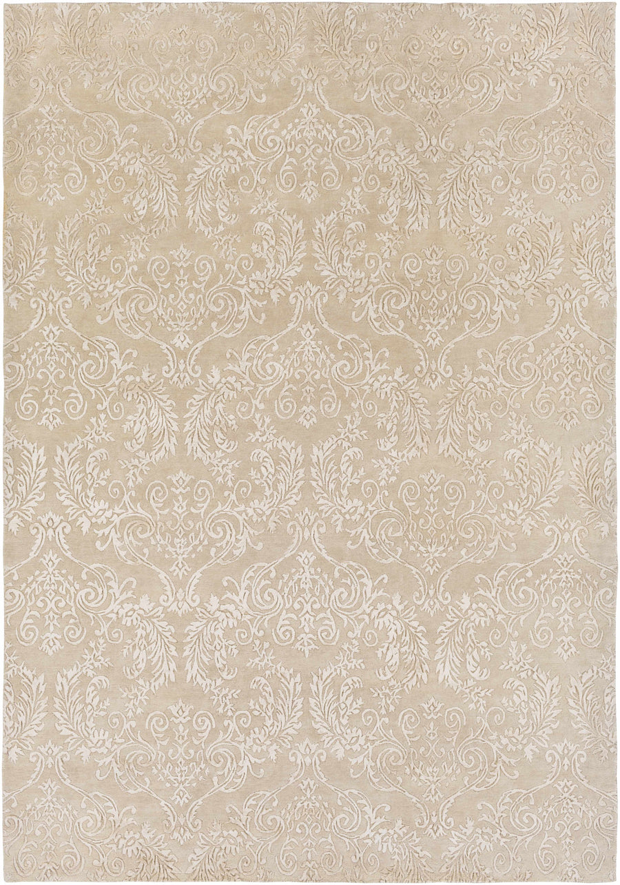 Beige traditional area rug with ornate scrolling floral pattern