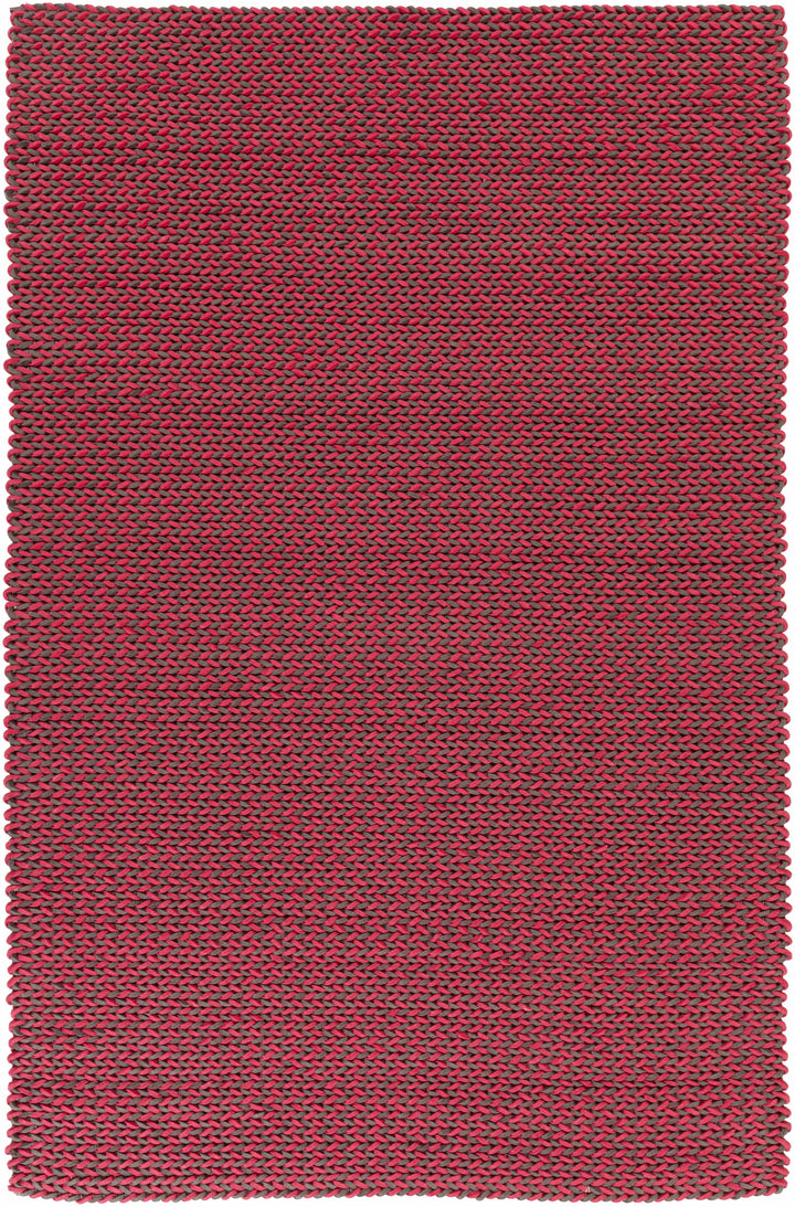 Hand-woven red area rug, rectangular, tight woven texture with dark accents