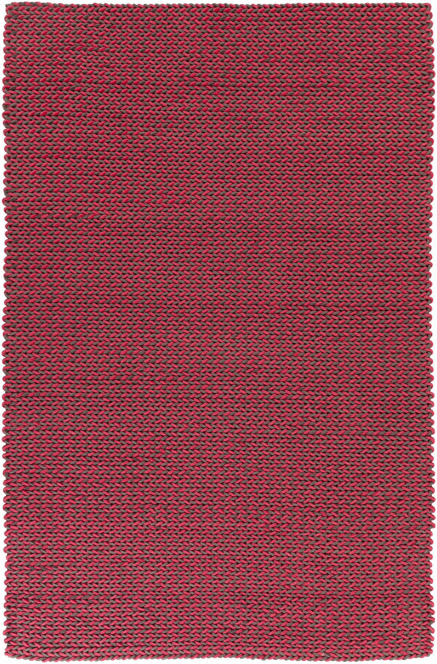 Hand-woven red area rug, rectangular, tight woven texture with dark accents