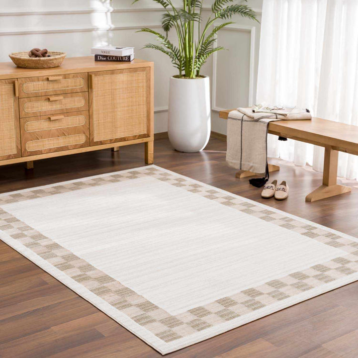Azrika Beige Solid and Checkered Pattern Washable Rug - The Rug Decor