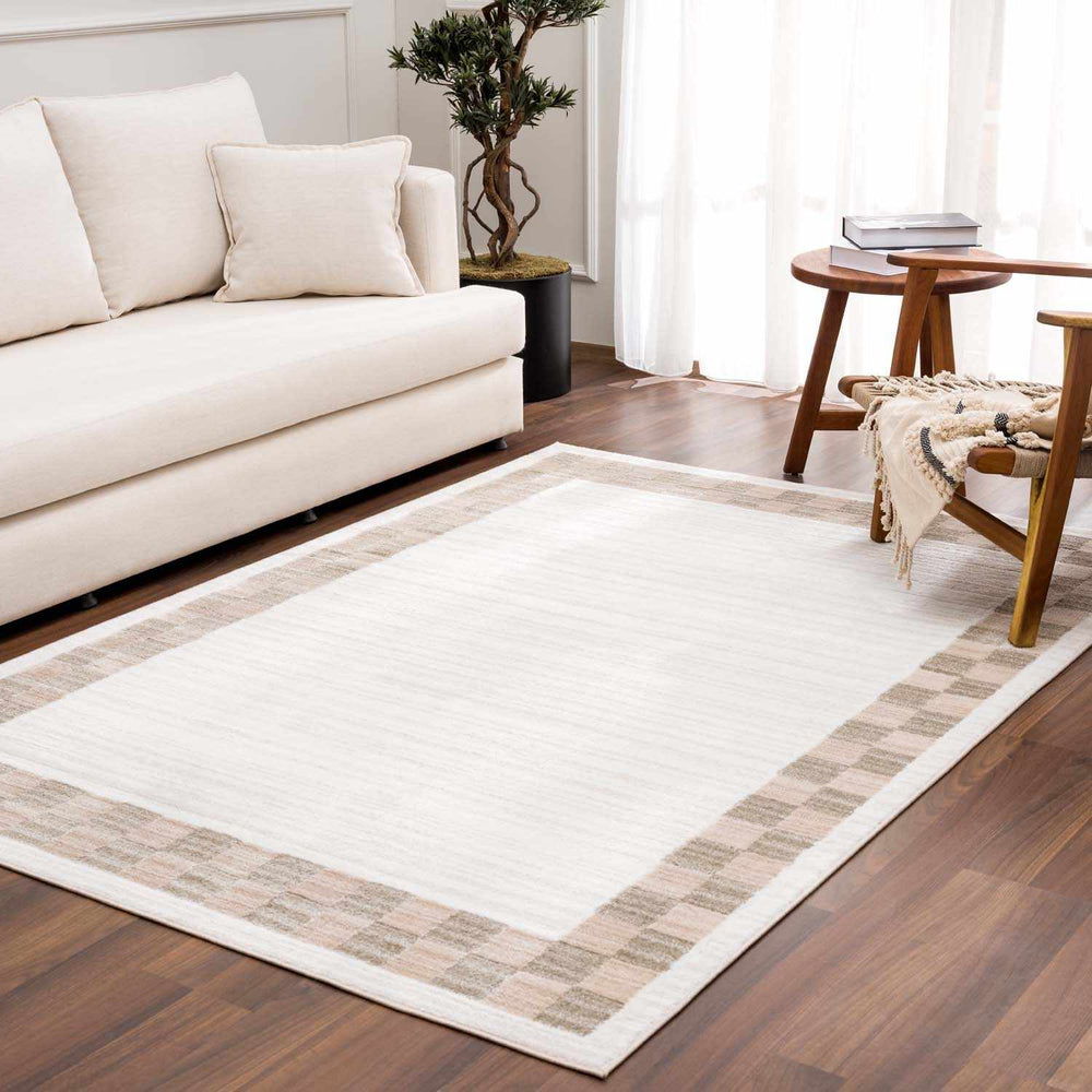 Azrika Beige Solid and Checkered Pattern Washable Rug - The Rug Decor