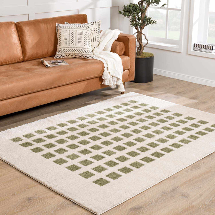 Baback Modern Geometrical Beige And Green Washable Area Rug - The Rug Decor