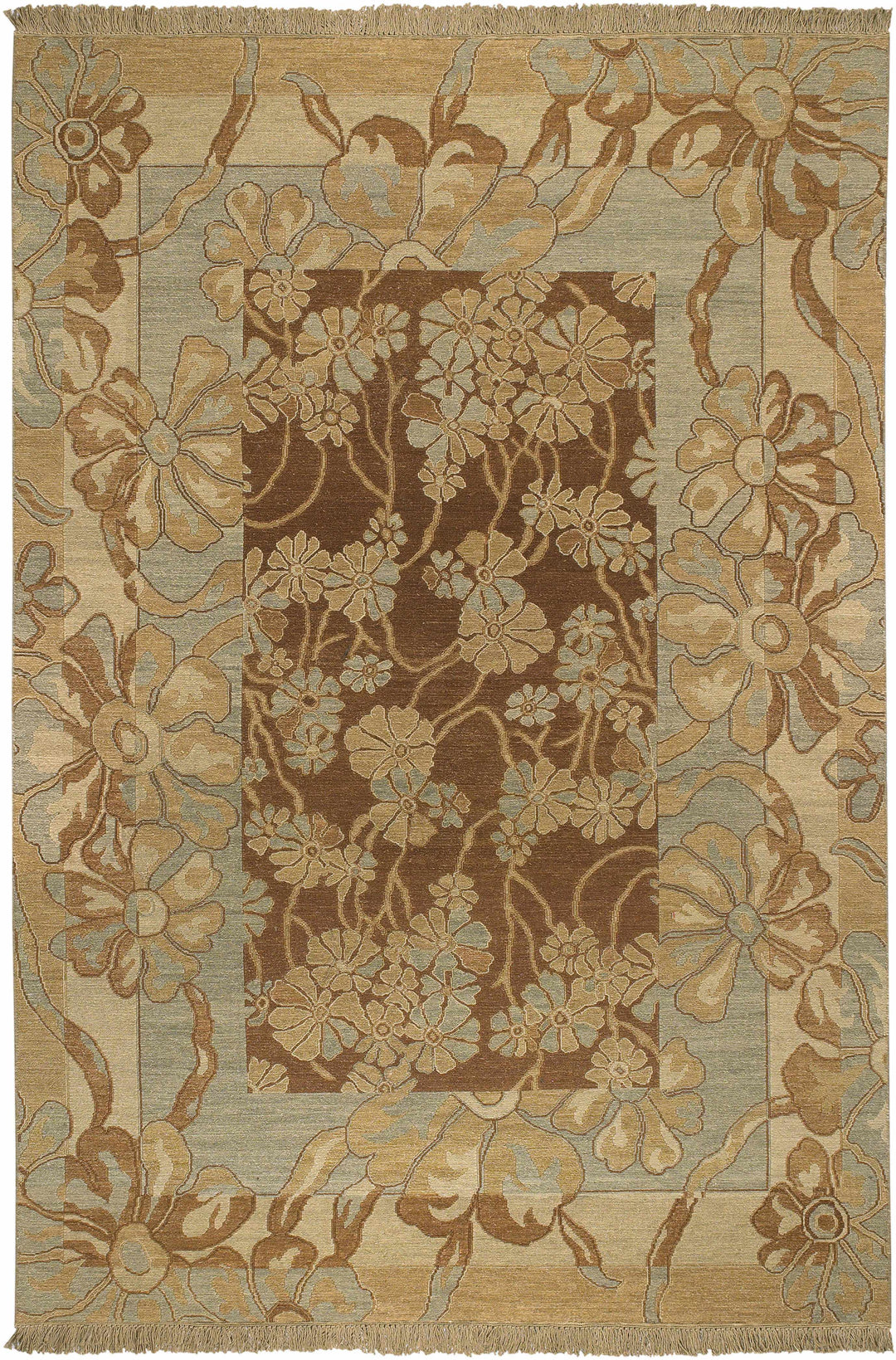 Bayberry Traditional Floral Design Brown Hand Knotted Area Rug