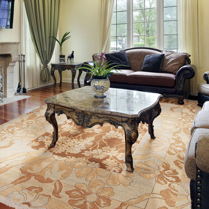 Bayberry Traditional Floral Design Brown Hand Knotted Area Rug
