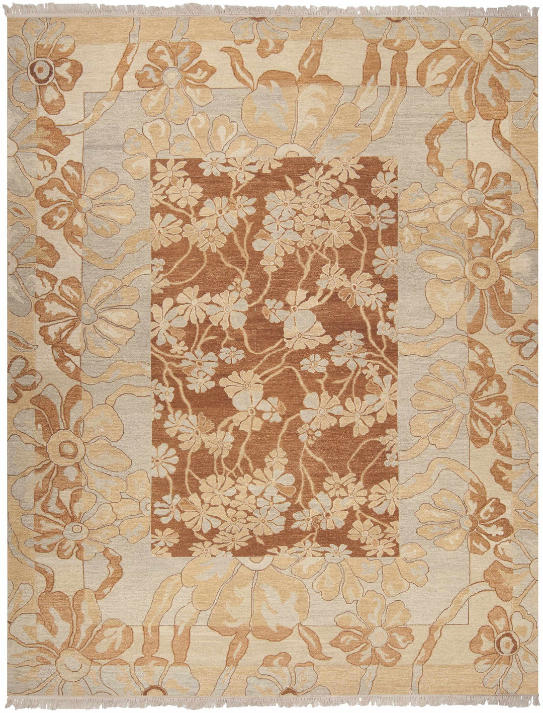 Bayberry Traditional Floral Design Brown Hand Knotted Area Rug