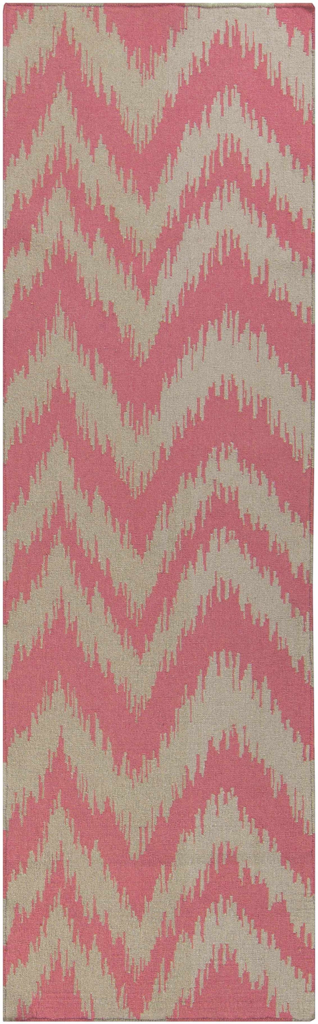 Pink and cream chevron hand-woven area rug with zigzag geometric pattern, vertical crop