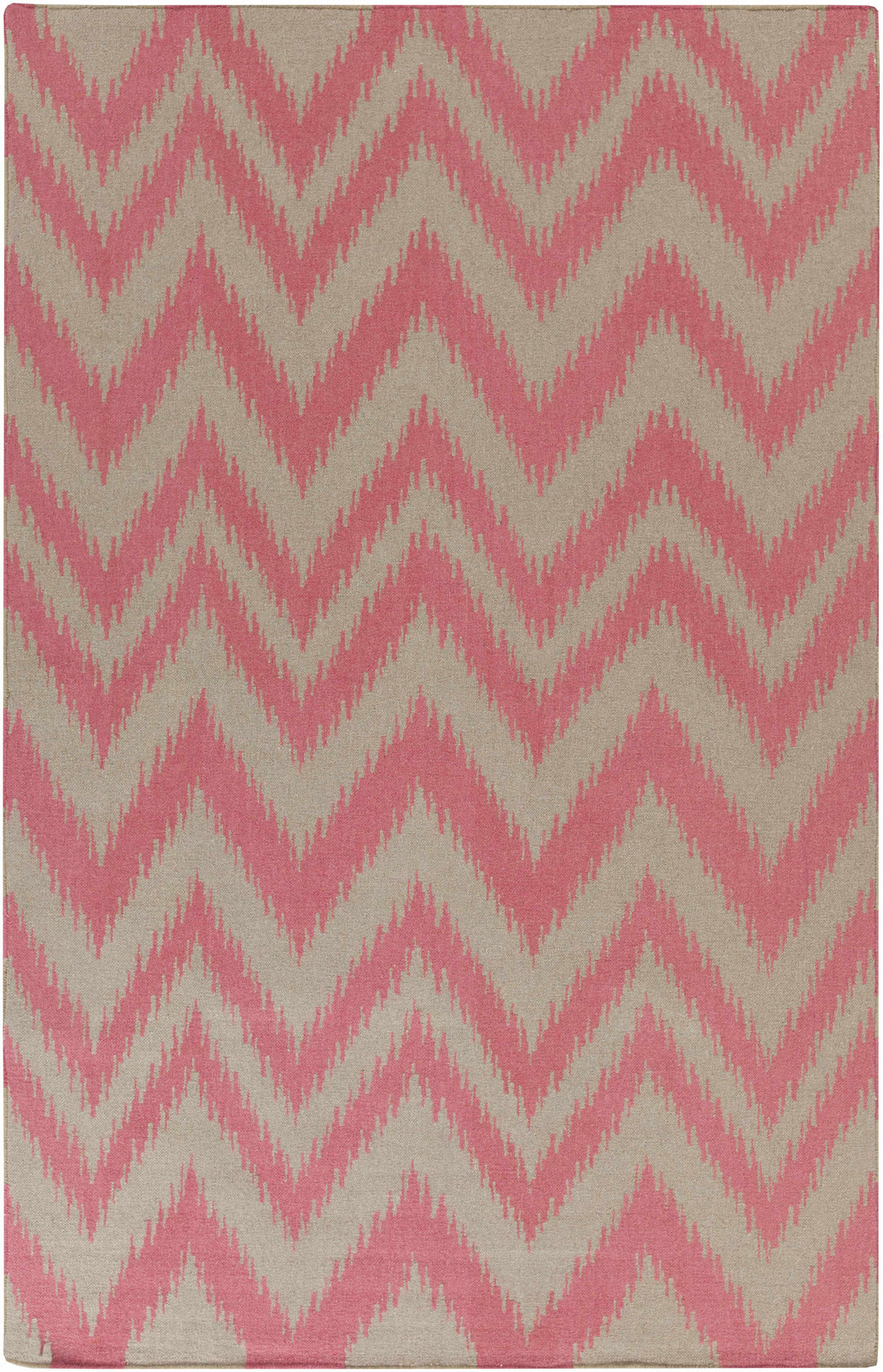Pink and cream chevron hand-woven area rug with zigzag geometric pattern