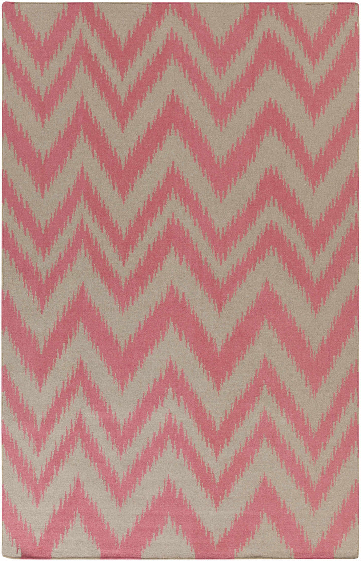 Pink and cream chevron hand-woven area rug with zigzag geometric pattern