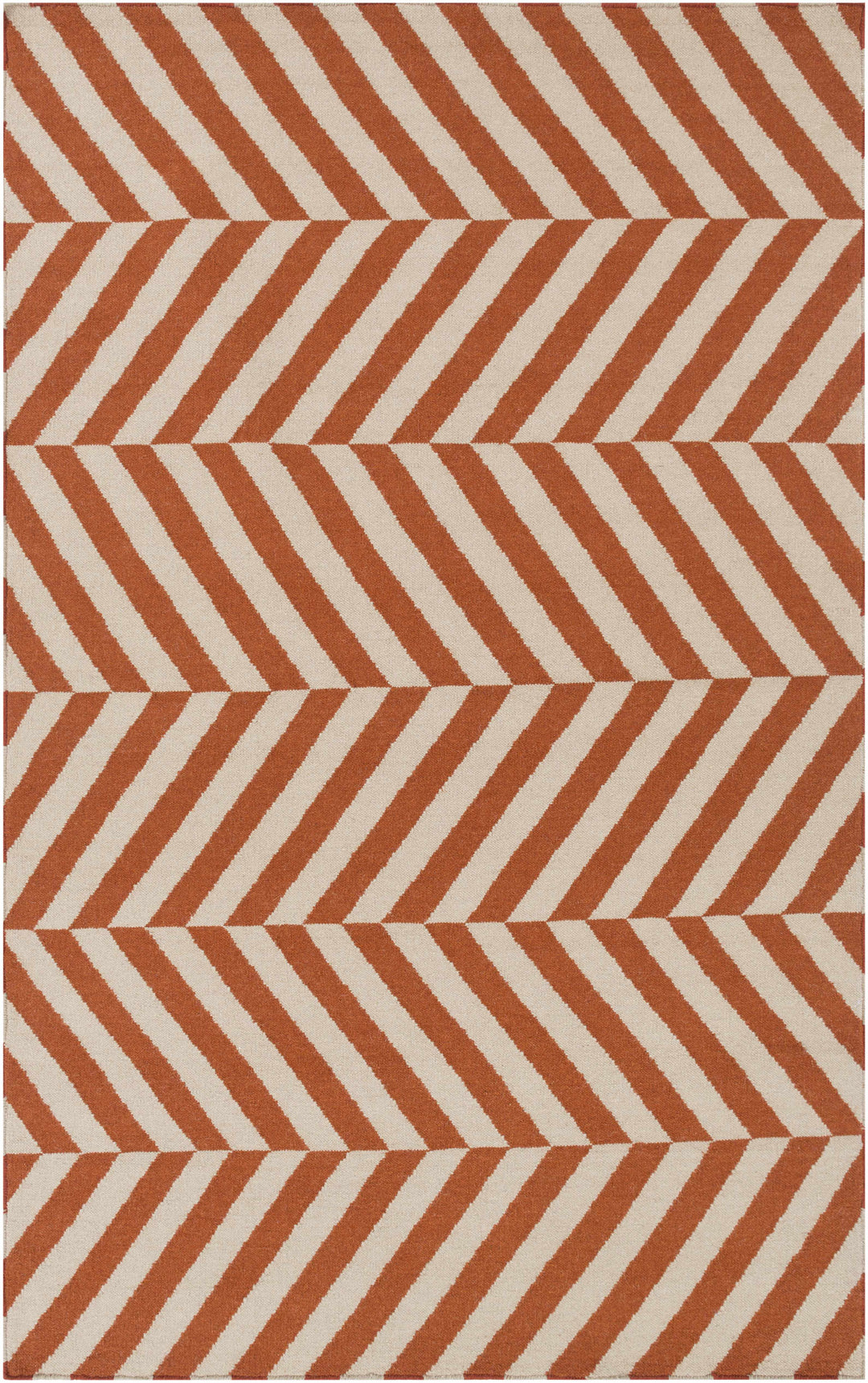 Orange and cream chevron patterned area rug with geometric stripe design