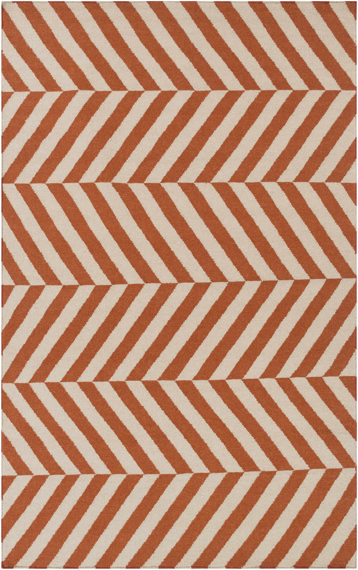 Orange and cream chevron patterned area rug with geometric stripe design