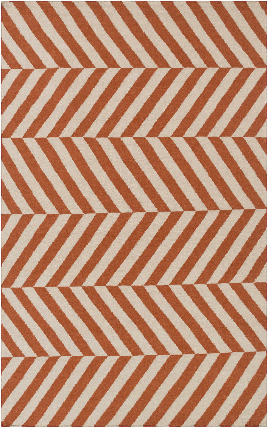 Orange and cream chevron patterned area rug with geometric stripe design