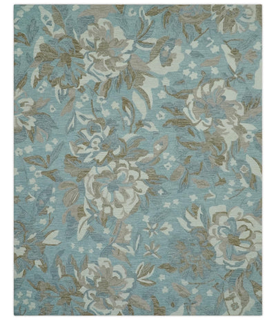 Beautiful Blue, Ivory and Olive Floral Design 8x10 Hand Tufted wool Rug - The Rug Decor