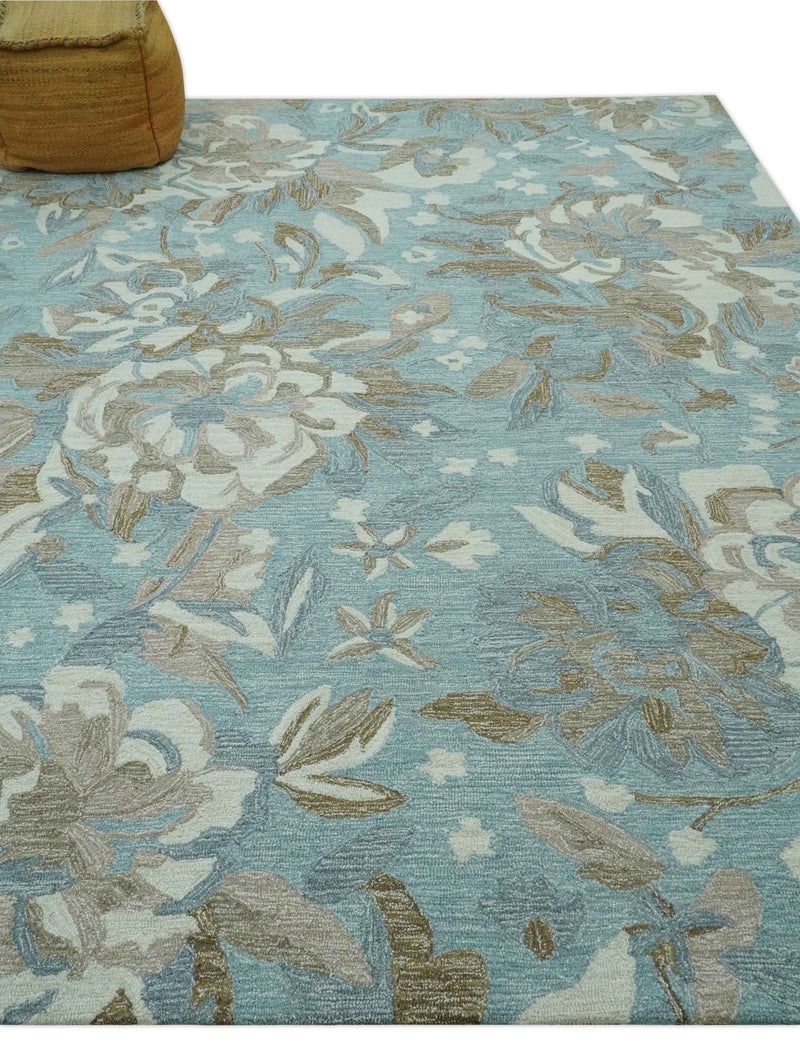 Beautiful Blue, Ivory and Olive Floral Design 8x10 Hand Tufted wool Rug - The Rug Decor