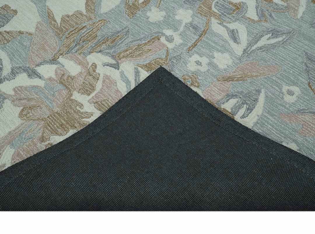 Beautiful Blue, Ivory and Olive Floral Design 8x10 Hand Tufted wool Rug - The Rug Decor