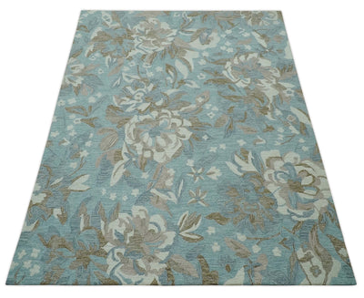 Beautiful Blue, Ivory and Olive Floral Design 8x10 Hand Tufted wool Rug - The Rug Decor