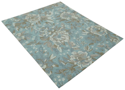 Beautiful Blue, Ivory and Olive Floral Design 8x10 Hand Tufted wool Rug - The Rug Decor