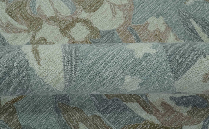 Beautiful Blue, Ivory and Olive Floral Design 8x10 Hand Tufted wool Rug - The Rug Decor
