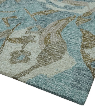 Beautiful Blue, Ivory and Olive Floral Design 8x10 Hand Tufted wool Rug - The Rug Decor