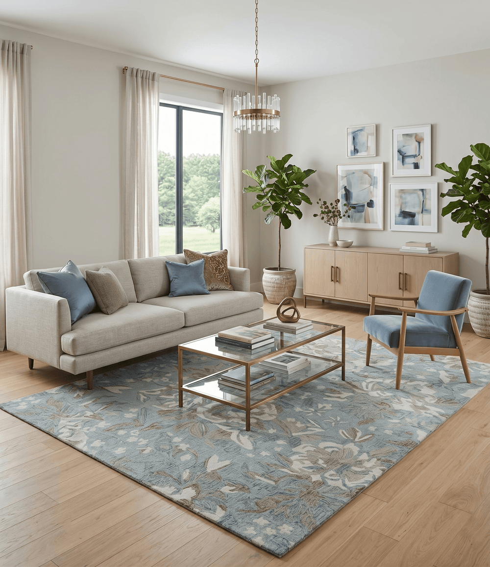 Beautiful Blue, Ivory and Olive Floral Design 8x10 Hand Tufted wool Rug - The Rug Decor