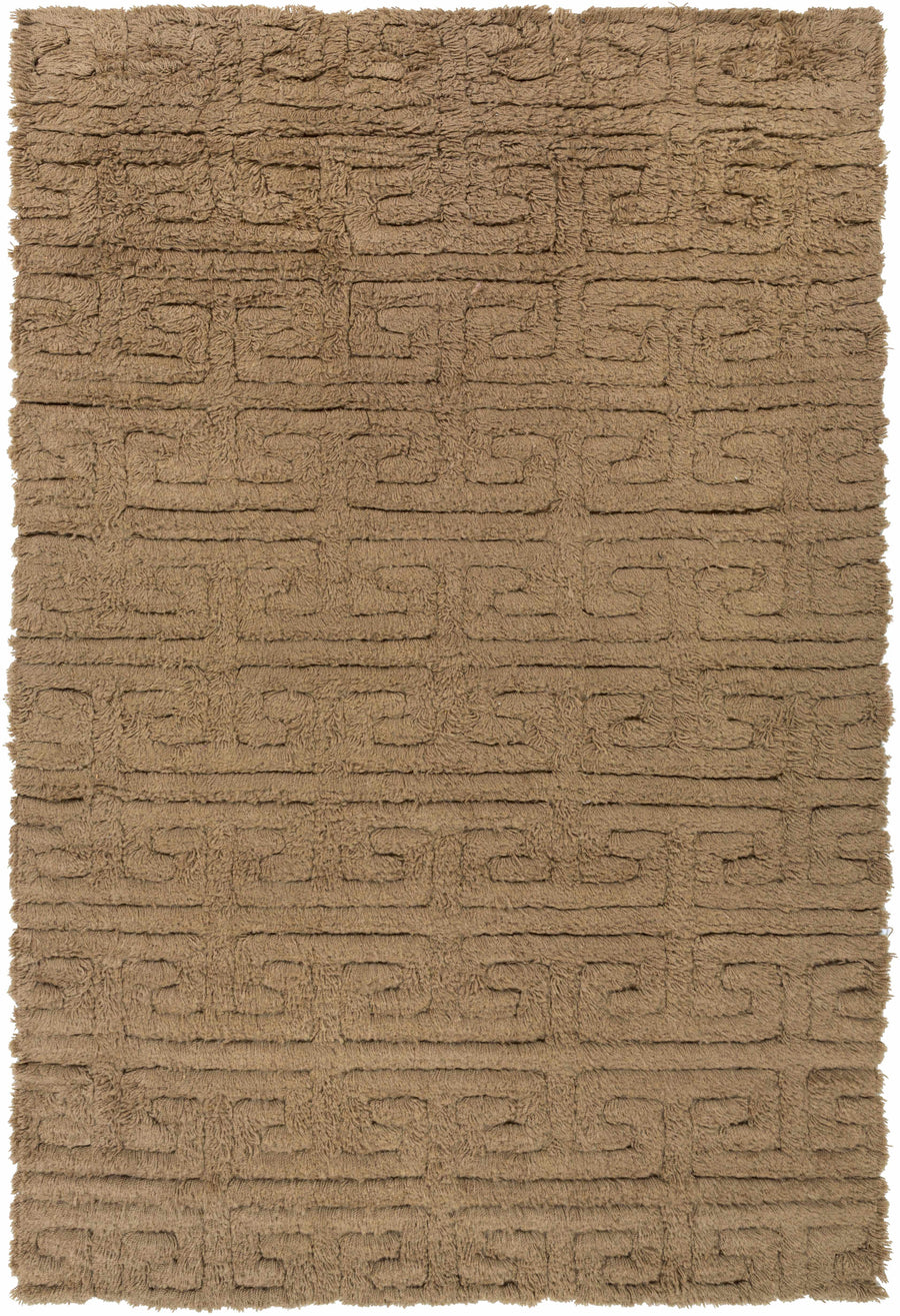 Camel hand-woven wool area rug with geometric block pattern, flat woven texture.