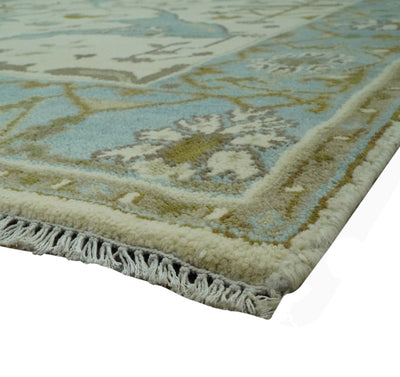 Beige and Aqua Hand Knotted 6x9 Traditional Oriental Oushak wool area rug - The Rug Decor