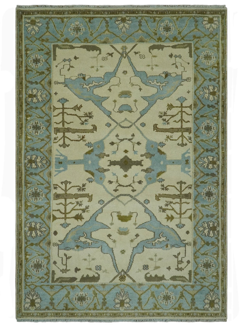 Beige and Aqua Hand Knotted 6x9 Traditional Oriental Oushak wool area rug - The Rug Decor