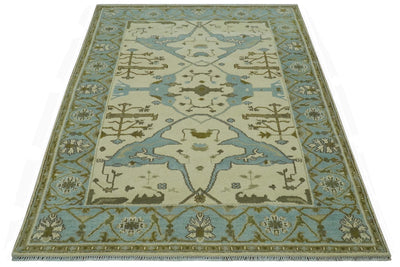 Beige and Aqua Hand Knotted 6x9 Traditional Oriental Oushak wool area rug - The Rug Decor