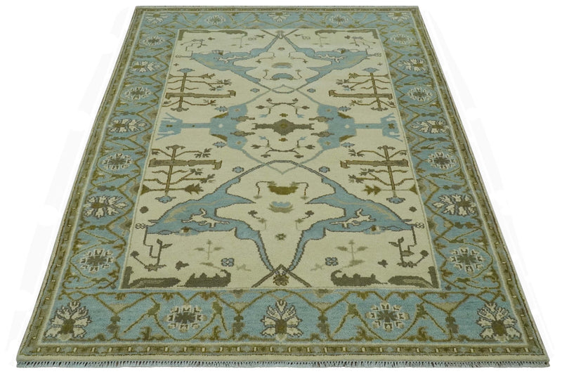 Beige and Aqua Hand Knotted 6x9 Traditional Oriental Oushak wool area rug - The Rug Decor