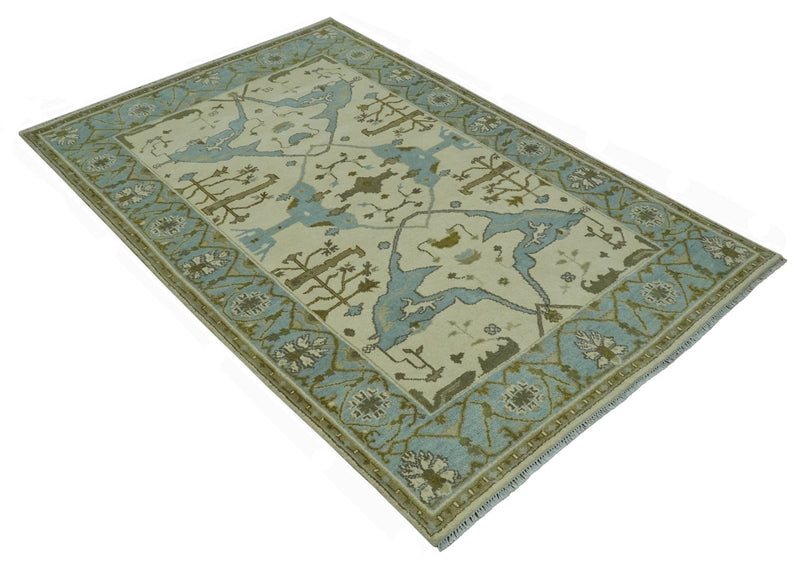 Beige and Aqua Hand Knotted 6x9 Traditional Oriental Oushak wool area rug - The Rug Decor