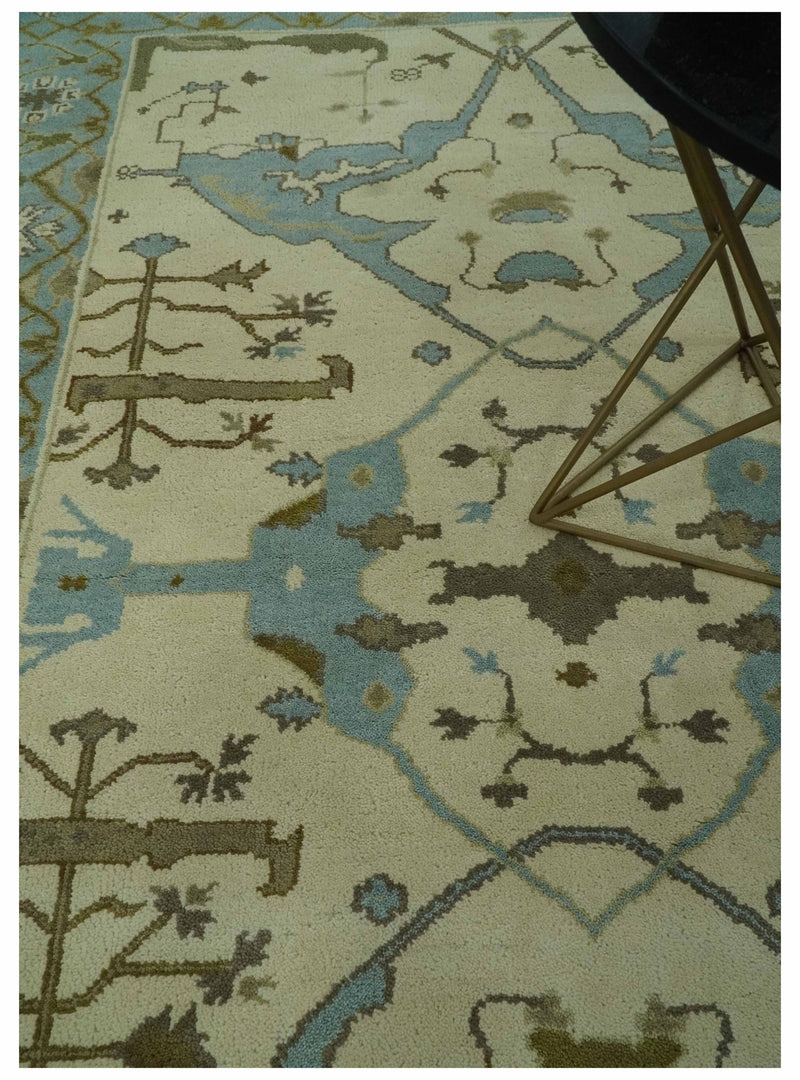 Beige and Aqua Hand Knotted 6x9 Traditional Oriental Oushak wool area rug - The Rug Decor