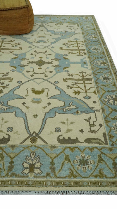 Beige and Aqua Hand Knotted 6x9 Traditional Oriental Oushak wool area rug - The Rug Decor