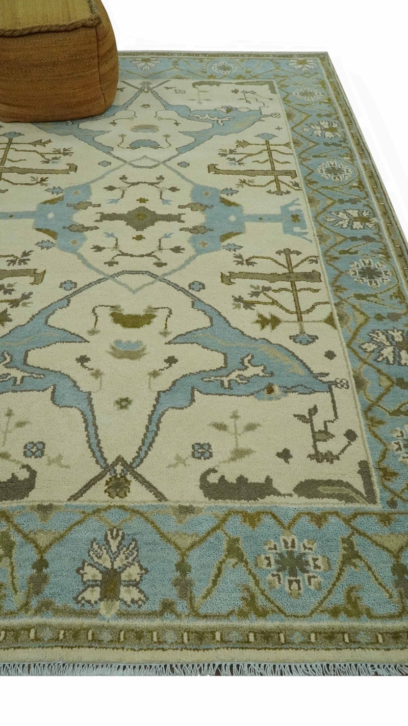 Beige and Aqua Hand Knotted 6x9 Traditional Oriental Oushak wool area rug - The Rug Decor