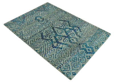 Beige and Blue 5x7.6 Large design Hand Knotted wool area rug - The Rug Decor