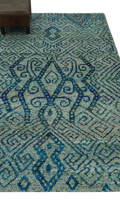 Beige and Blue 5x7.6 Large design Hand Knotted wool area rug - The Rug Decor