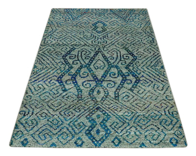 Beige and Blue 5x7.6 Large design Hand Knotted wool area rug - The Rug Decor