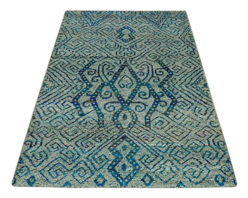 Beige and Blue 5x7.6 Large design Hand Knotted wool area rug - The Rug Decor