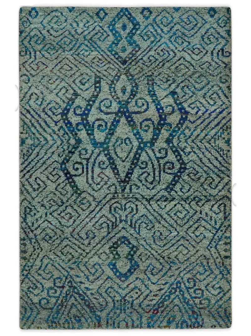 Beige and Blue 5x7.6 Large design Hand Knotted wool area rug - The Rug Decor