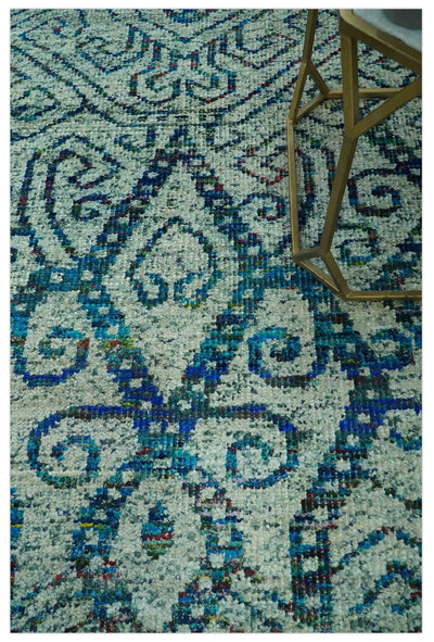 Beige and Blue 5x7.6 Large design Hand Knotted wool area rug - The Rug Decor