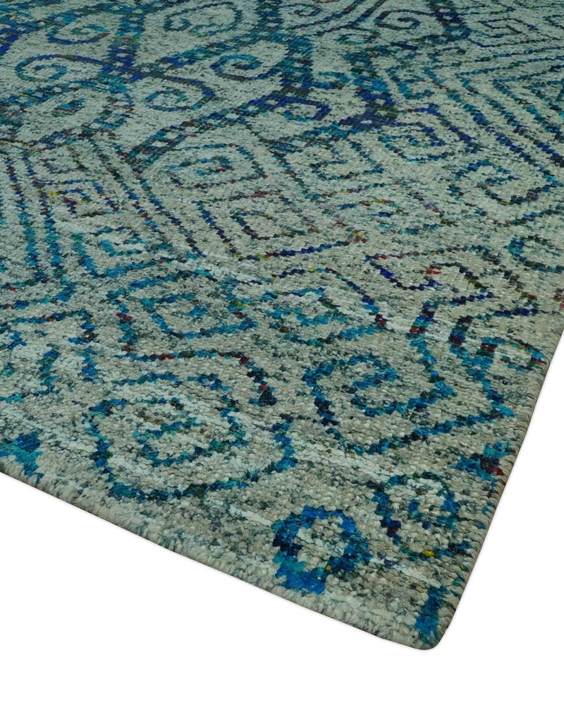 Beige and Blue 5x7.6 Large design Hand Knotted wool area rug - The Rug Decor