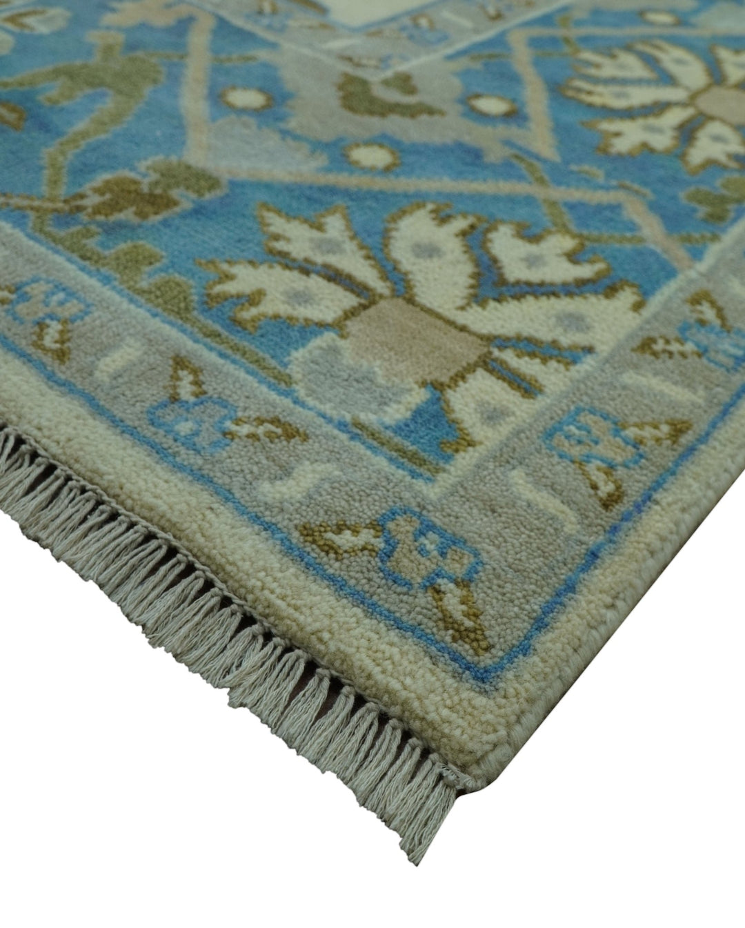 Beige and Blue Hand Knotted Oushak Custom Made wool Rug - The Rug Decor