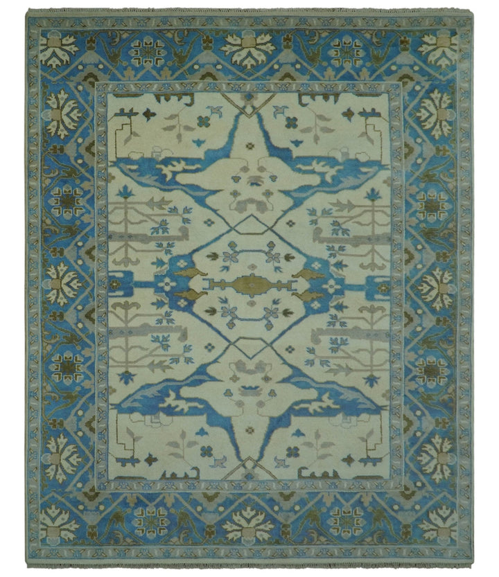Beige and Blue Hand Knotted Oushak Custom Made wool Rug - The Rug Decor