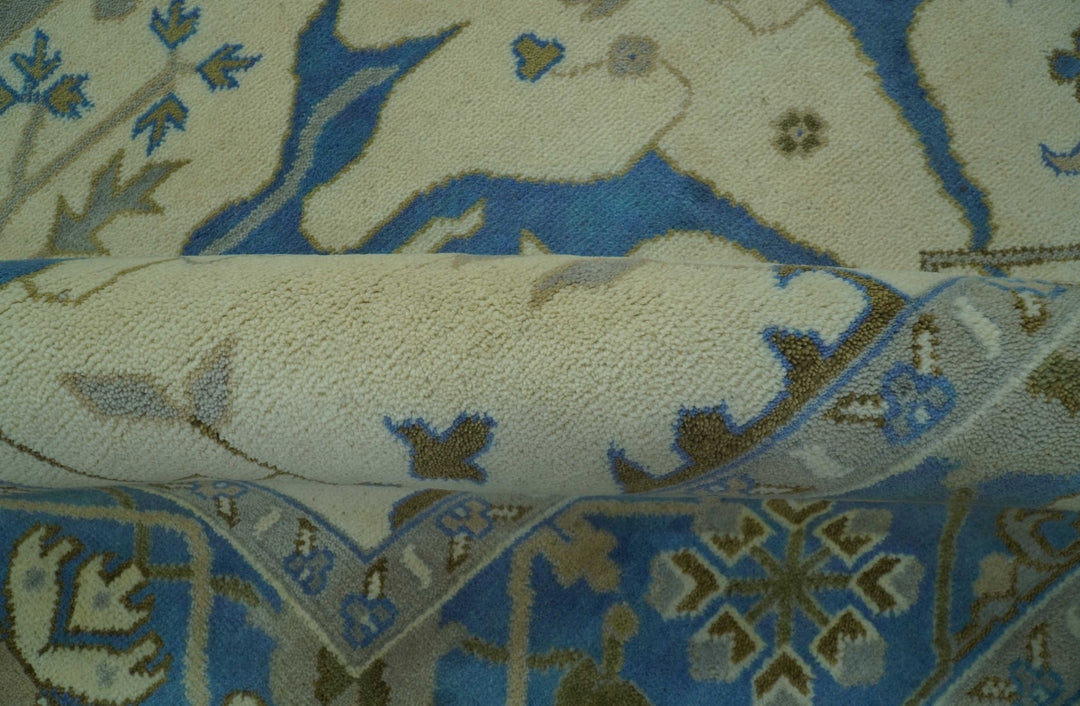 Beige and Blue Hand Knotted Oushak Custom Made wool Rug - The Rug Decor