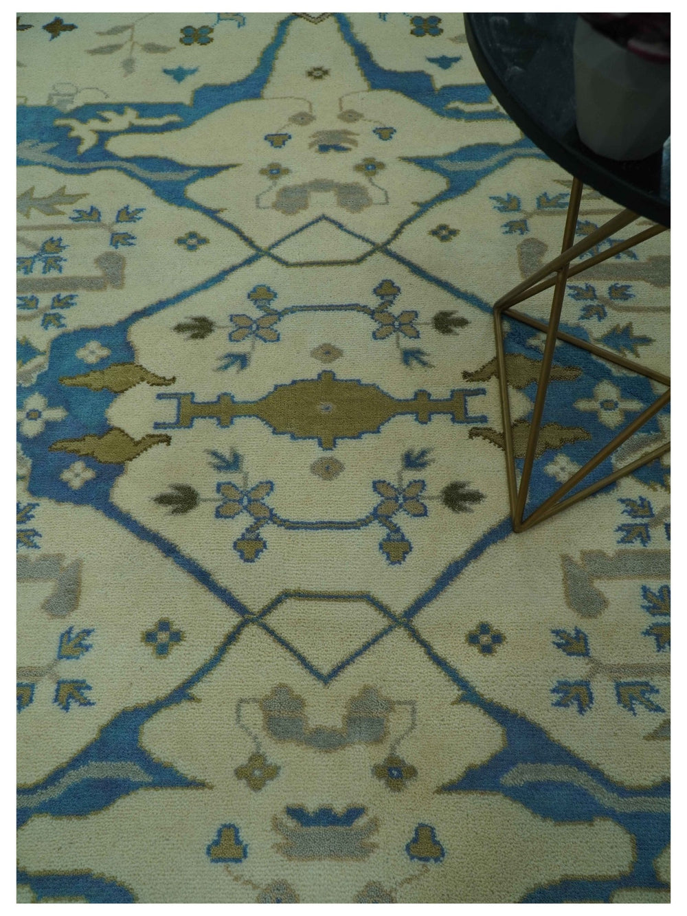 Beige and Blue Hand Knotted Oushak Custom Made wool Rug - The Rug Decor