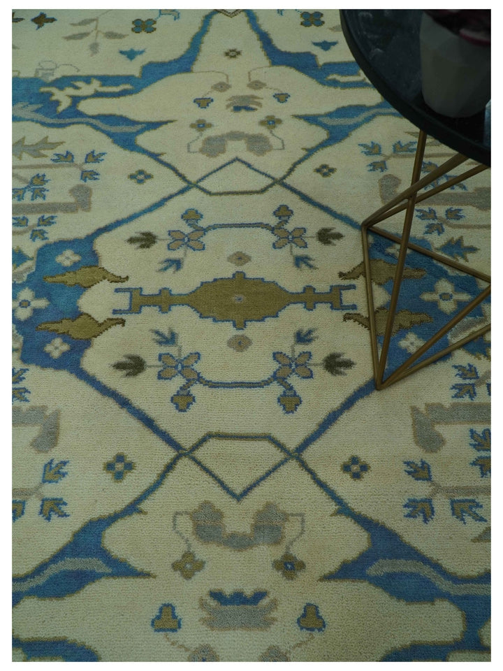 Beige and Blue Hand Knotted Oushak Custom Made wool Rug - The Rug Decor