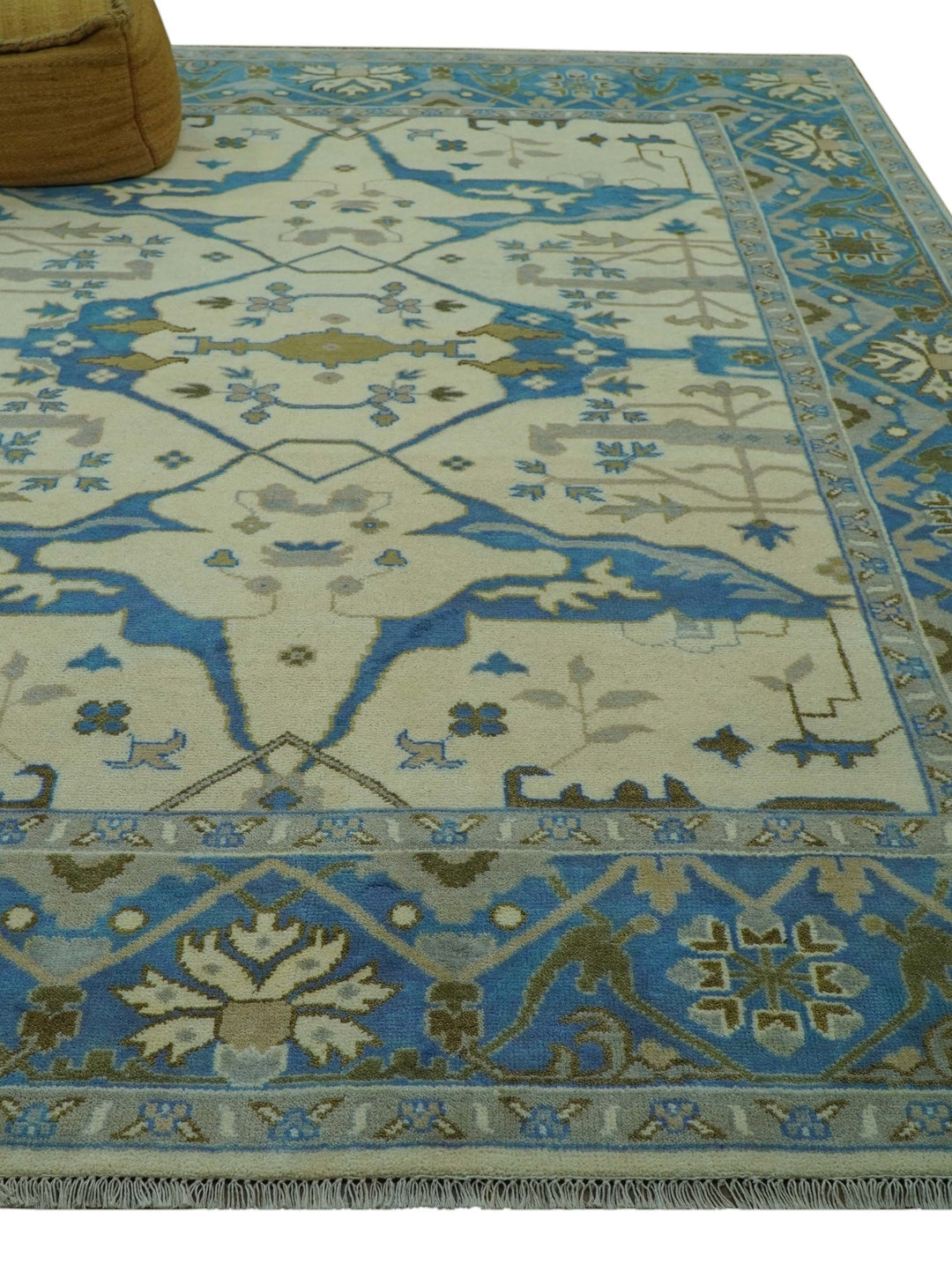 Beige and Blue Hand Knotted Oushak Custom Made wool Rug - The Rug Decor