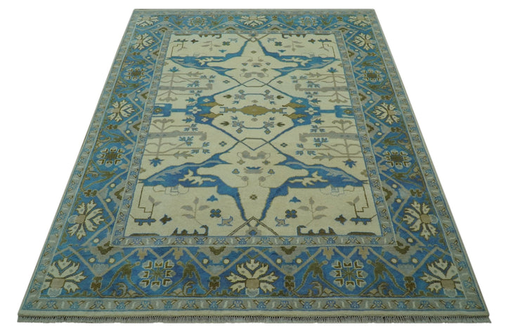Beige and Blue Hand Knotted Oushak Custom Made wool Rug - The Rug Decor